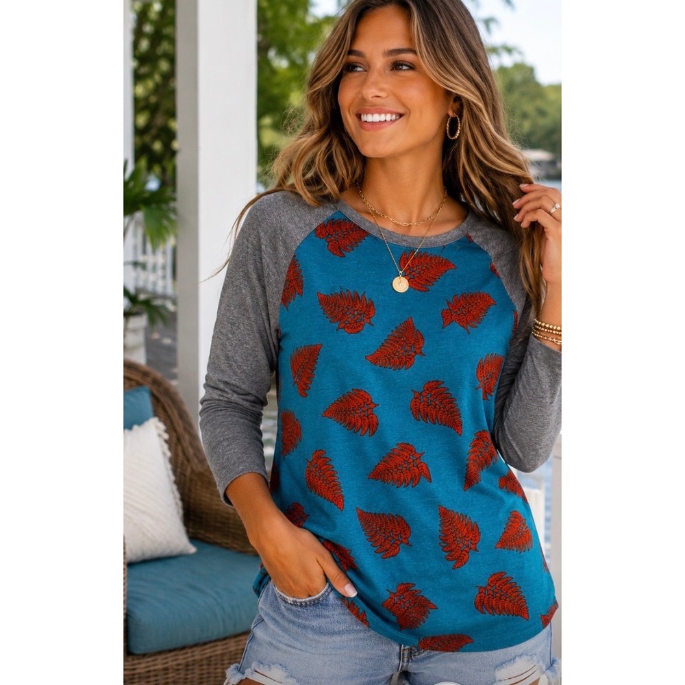 LuLaRoe Randy Tee XL Teal Orange Fern Leaf Print Grey Raglan Baseball Top NWT